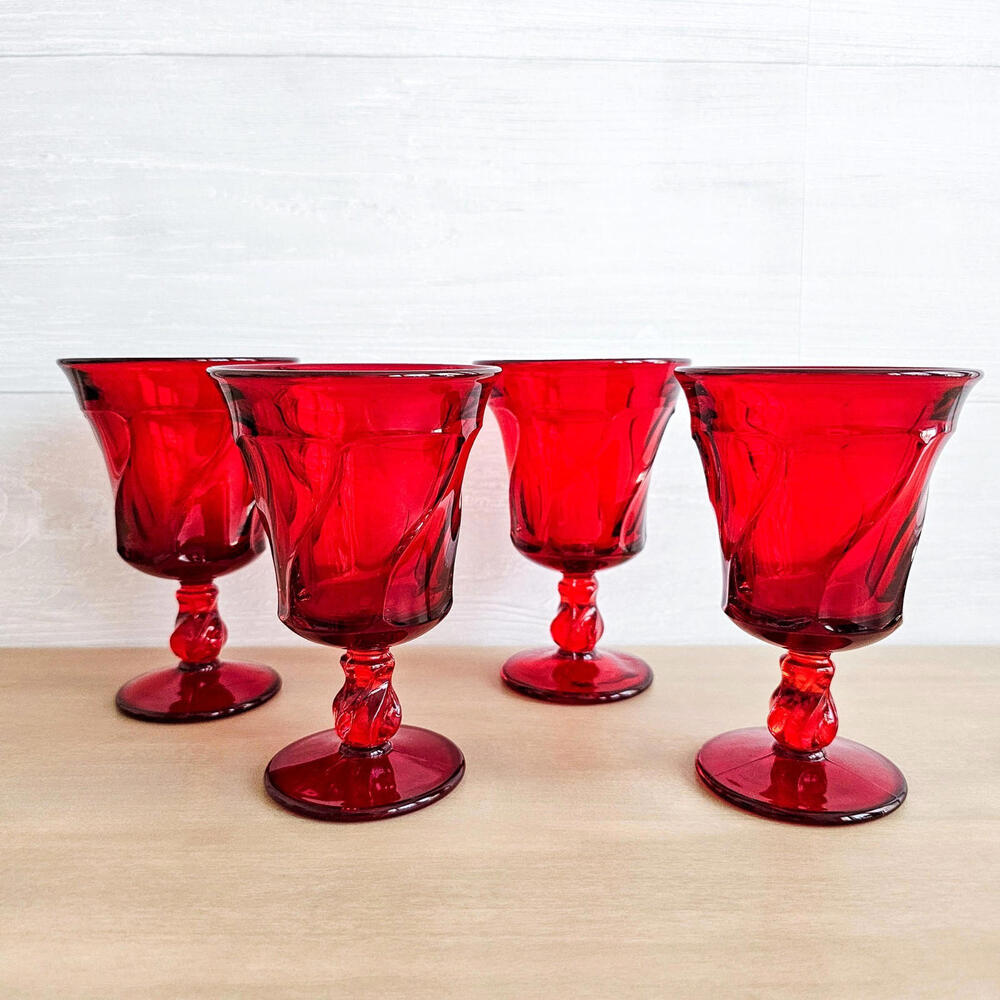 Set Of 4 Fostoria Ruby Red Jamestown Swirl Ice Tea Glasses Water Goblet